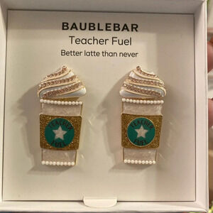 BAUBLEBAR Teacher Fuel Starbucks Cup Latte Coffee Glittery Foam Earrings Box NWT